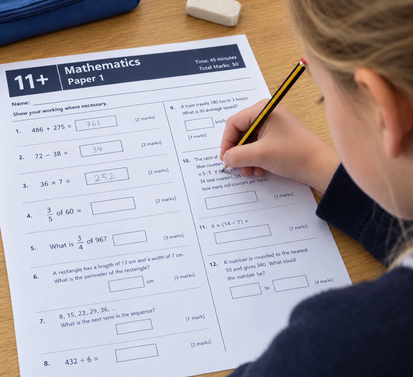 A child working through an 11+ maths paper with a pencil
